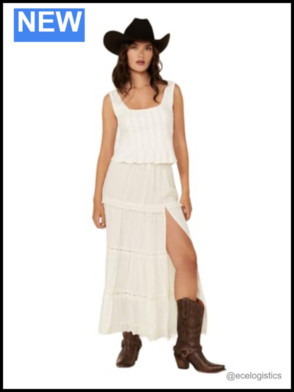Swiss Dot Maxi Skirt with Eyelets High Slit Smocked Waist Rayon